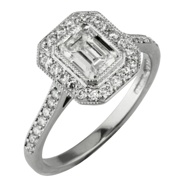 Halo emerald cut diamond engagement ring