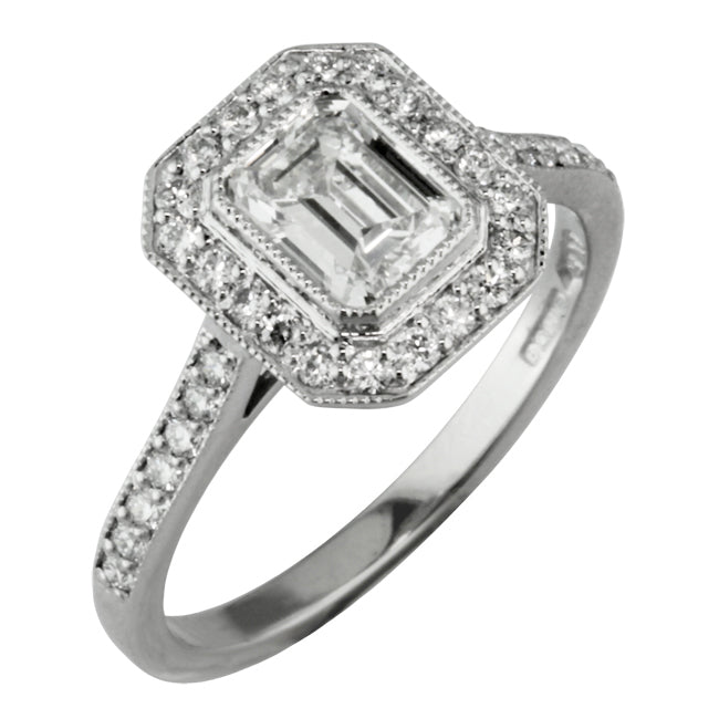 Halo emerald cut diamond engagement ring