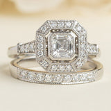 Halo ring and diamond wedding ring bridal set in platinum