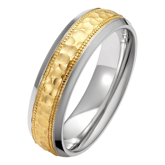 Hammered Yellow Gold Wedding Ring with Platinum Edges