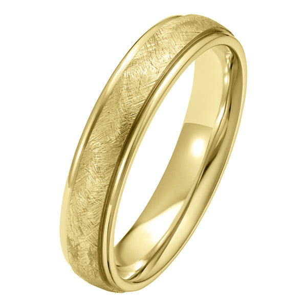 Ice texture wedding ring 4mm width in yellow gold with court profile
