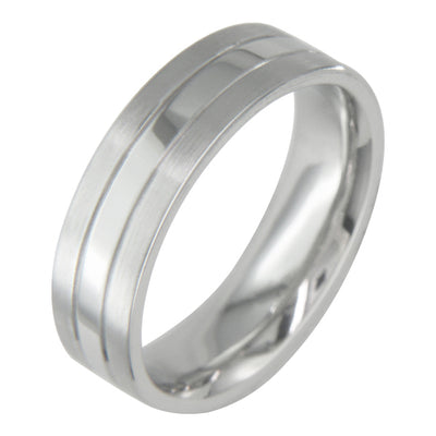 Double laser grooved flat court platinum wedding ring