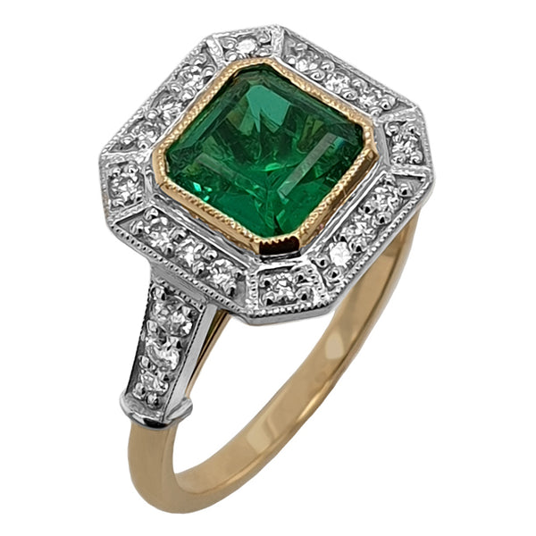 Octagonal emerald and diamond cluster ring vertical