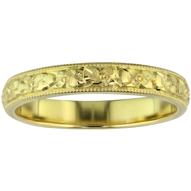 Orange blossom engraved wedding ring in 18 carat yellow gold
