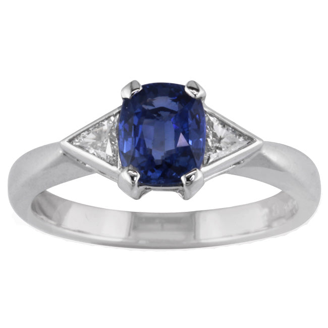 Art Deco Cushion Sapphire Ring with Triangle Diamonds