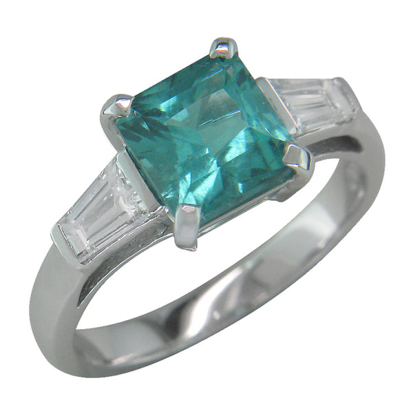 Paraiba Tourmaline Ring in White Gold with Tapered Baguette Diamonds