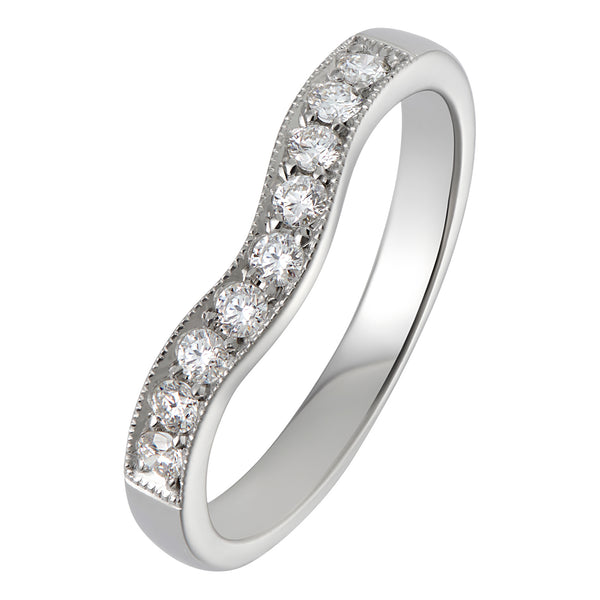 Pave set shaped diamond wedding ring in platinum