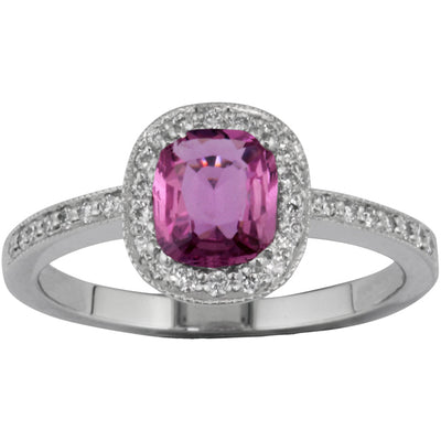 Pink sapphire and diamond halo cluster ring