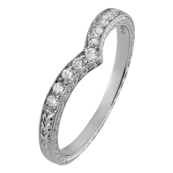 Platinum v-shape diamond band with engraved laurel pattern
