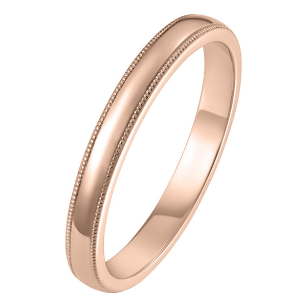 Rose Gold D-shape wedding ring with milgrain