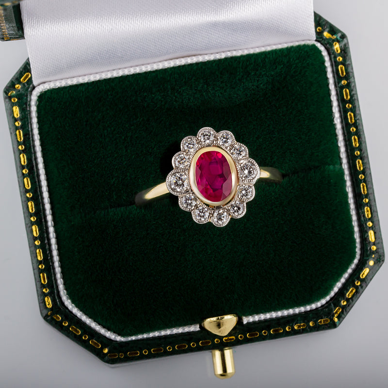 Ruby cluster ring in jewellery box