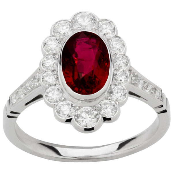 Ruby diamond halo cluster ring