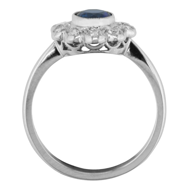 Sapphire and diamond cluster ring in platinum