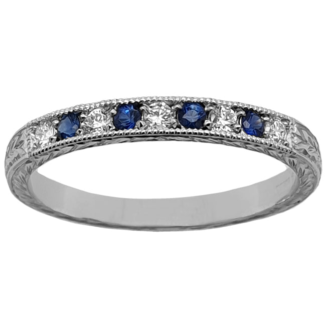 Engraved Sapphire and Diamond Eternity Ring in Platinum