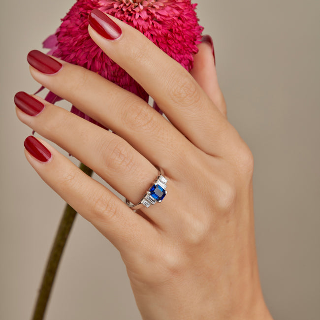 Emerald Cut Sapphire and Baguette Diamond Ring