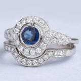 Sapphire halo ring with complimentary diamond wedding ring