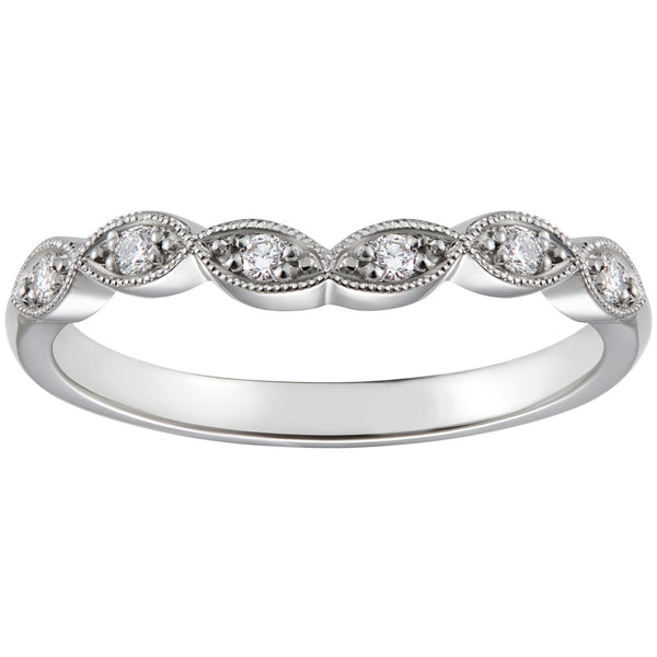 Scalloped shaped slim diamond wedding ring in platinum