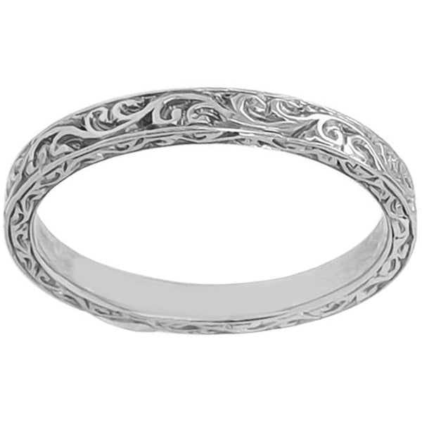 Scroll pattern hand engraved wedding band white gold