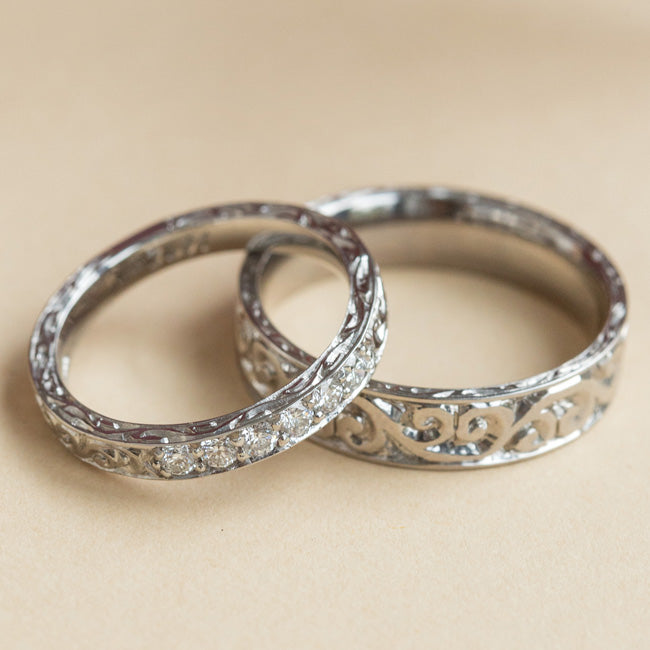 Scroll patterned wedding rings