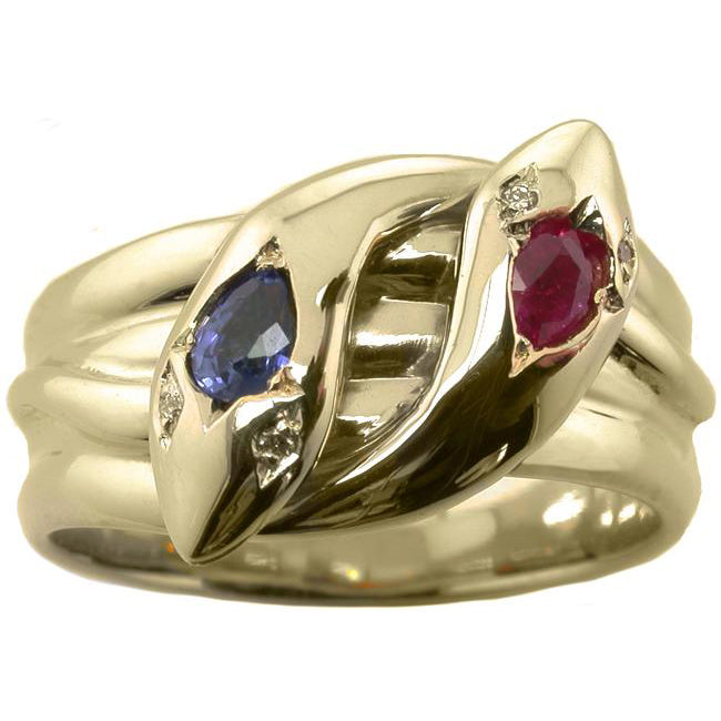 19th century style double snake ring with sapphire and ruby heads