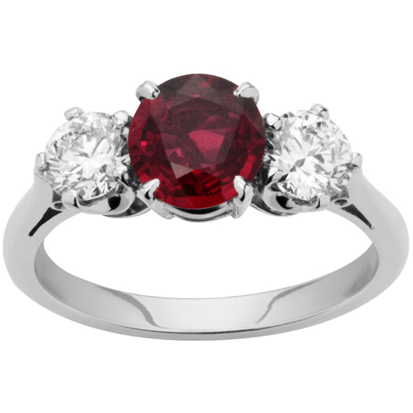Three stone ruby diamond engagement ring