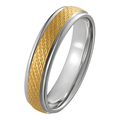5mm two tone mens wedding band with textured panel in yellow gold and platinum