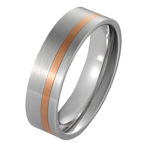 Unusual 6mm flat court mens wedding ring brushed platinum with rose gold stripe