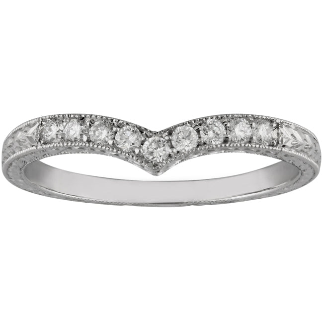 V-shaped diamond wedding ring engraved