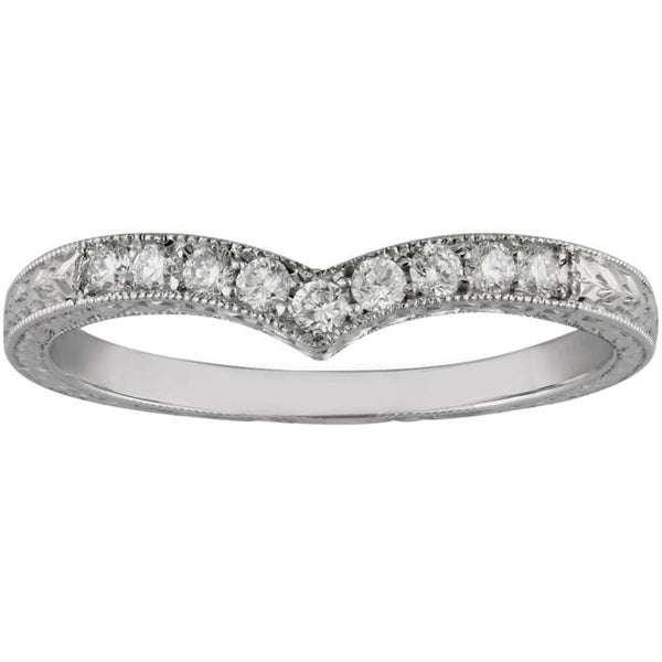 V-shape diamond wedding ring engraved white gold