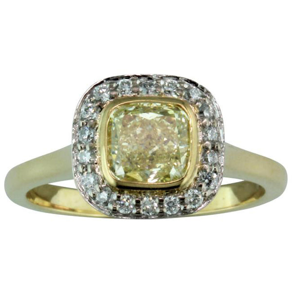Yellow diamond halo cluster ring in yellow gold from Hatton Garden London UK