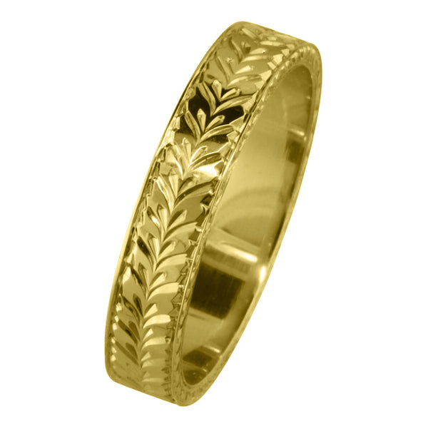 Laurel pattern hand-engraved wedding ring in yellow gold