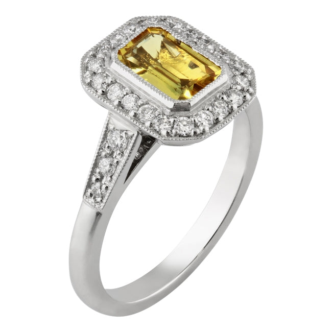 Yellow sapphire halo engagement ring